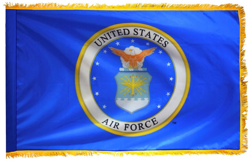 Crown US Air Force Flag Printed Nylon Fringe 4' x 6' featuring the Air Force coat of arms and eagle emblem on a blue background with gold fringe.