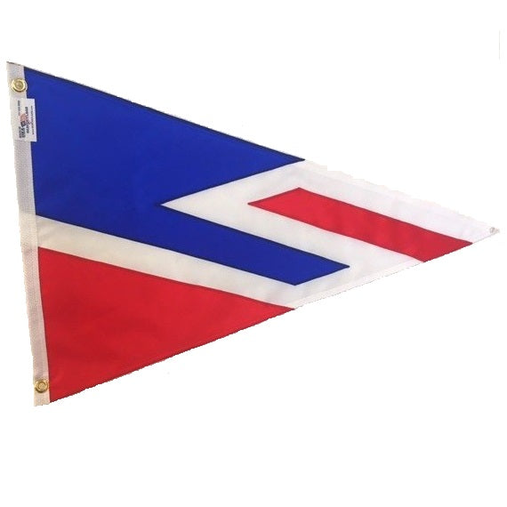 Custom SEWN Applique PENNANT featuring a red, white, and blue triangle design with strong header and solid brass grommets.