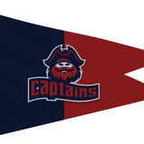 Custom PRINTED Nylon BURGEE featuring a pirate logo with a hat, displayed on a flag with a swallow tail and brass grommets.