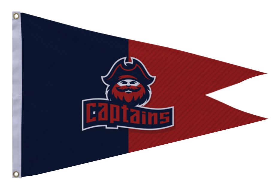 Custom PRINTED Nylon BURGEE featuring a pirate logo with a hat, displayed on a flag with a swallow tail and brass grommets.