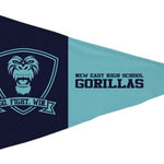 Custom PRINTED Nylon PENNANT featuring a gorilla face on a blue and black design, suitable for indoor or outdoor use with canvas header and brass grommets.