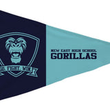 Custom PRINTED Nylon PENNANT featuring a gorilla face on a blue and black design, suitable for indoor or outdoor use with canvas header and brass grommets.