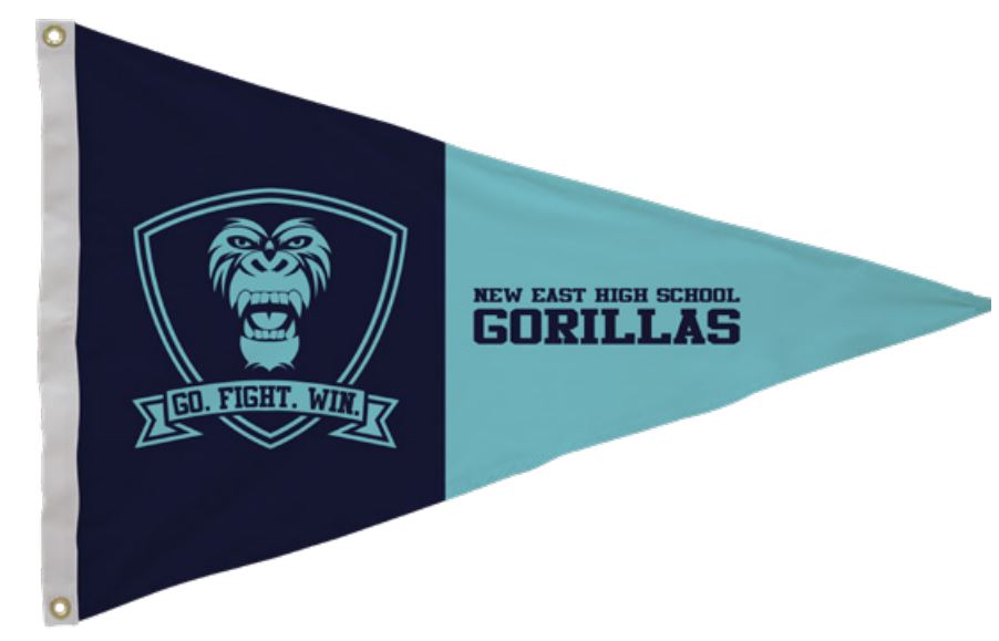 Custom PRINTED Nylon PENNANT featuring a gorilla face on a blue and black design, suitable for indoor or outdoor use with canvas header and brass grommets.