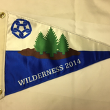 Custom PRINTED Nylon PENNANT featuring a triangular design with trees and a logo, suitable for indoor or outdoor use, available in various sizes and customizable with your artwork.