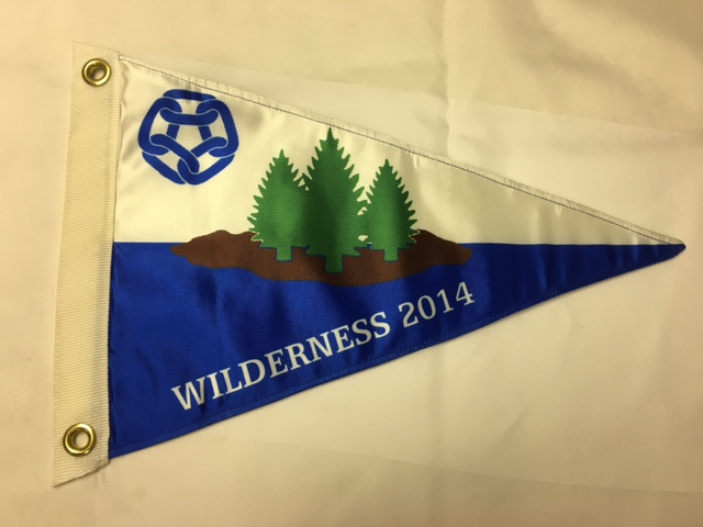 Custom PRINTED Nylon PENNANT featuring a triangular design with trees and a logo, suitable for indoor or outdoor use, available in various sizes and customizable with your artwork.