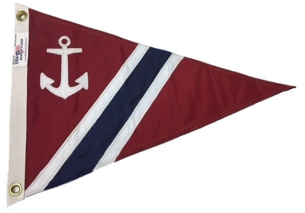 Custom SEWN Applique PENNANT featuring a white anchor on a red triangular background, crafted with double-layered UV-resistant nylon and solid brass grommets.