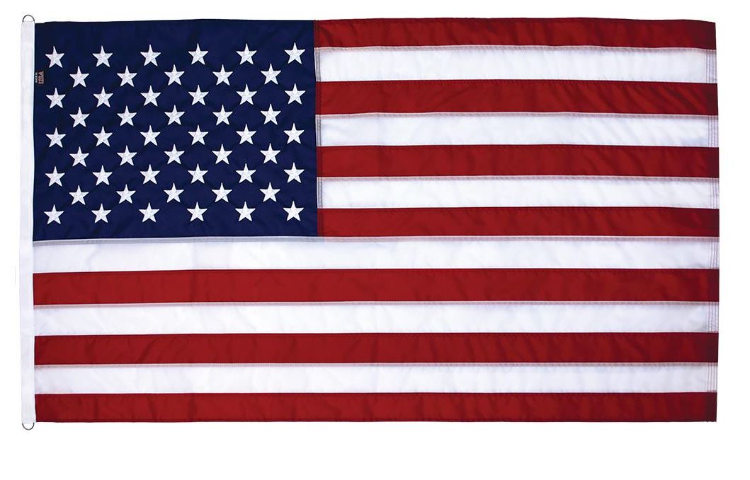 Close-up of an 8' x 12' American Flag - Nylon US Flag with embroidered stars and sewn stripes, showcasing detailed craftsmanship and durable materials.