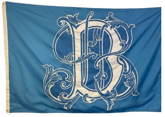 Custom SEWN Applique Wedding Flag featuring a blue and white design with a prominent letter B emblem.