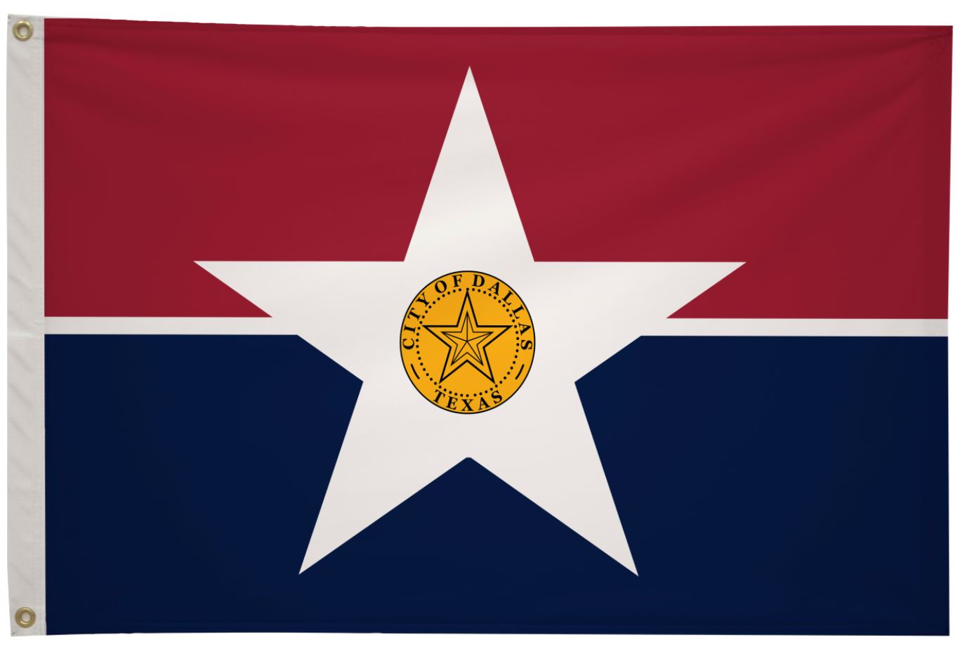 City of Dallas Flag Printed Nylon 3' x 5', featuring a star and circle emblem, durable for indoor or outdoor use with canvas header and brass grommets.