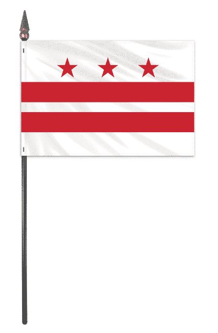 District of Columbia Stick Flag on a 10.5 plastic stick with a gold spear finial, perfect for desktops. Flag measures 4 x 6.