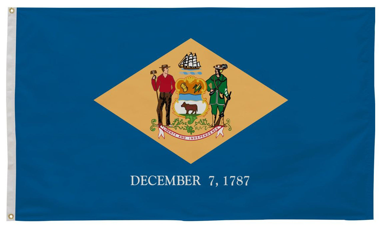 Delaware State Flag 3' x 5' Printed Nylon features official design with a yellow and blue diamond, white and red emblem, and sturdy construction for outdoor use.