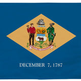 Delaware State Flag 3' x 5' Printed Nylon features official design with a yellow and blue diamond, white and red emblem, and sturdy construction for outdoor use.