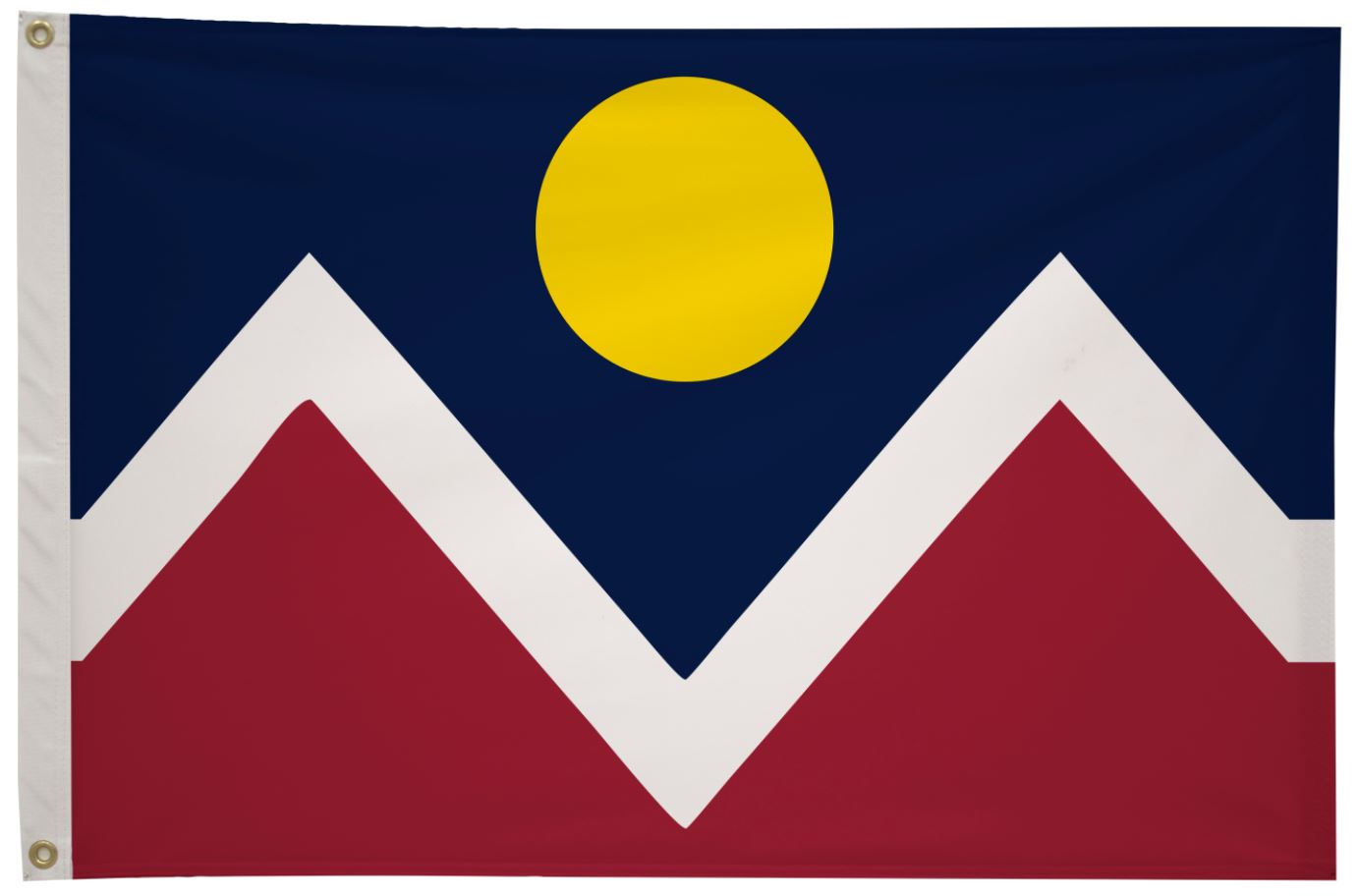 City of Denver Flag Printed Nylon 3' x 5' featuring a yellow circle and red triangles, finished with canvas header and brass grommets for durability.