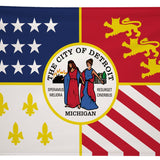 City of Detroit Flag Printed Nylon 3' x 5' featuring a yellow lion and two women, suitable for indoor or outdoor use with canvas header and brass grommets.