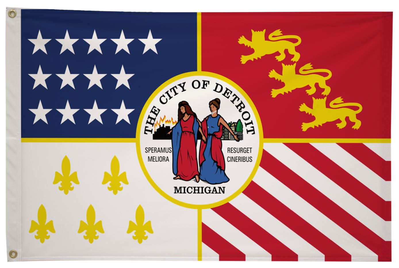 City of Detroit Flag Printed Nylon 3' x 5' featuring a yellow lion and two women, suitable for indoor or outdoor use with canvas header and brass grommets.