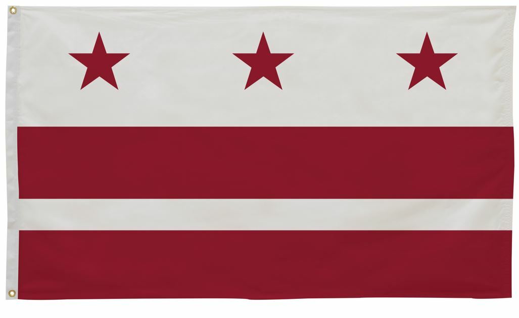 District of Columbia Flag 6' x 10' Printed Nylon, featuring three red stars on a white background, with strong canvas header and brass grommets.