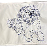 Custom SEWN Applique FLAG featuring a white fabric with a blue embroidered dog drawing.