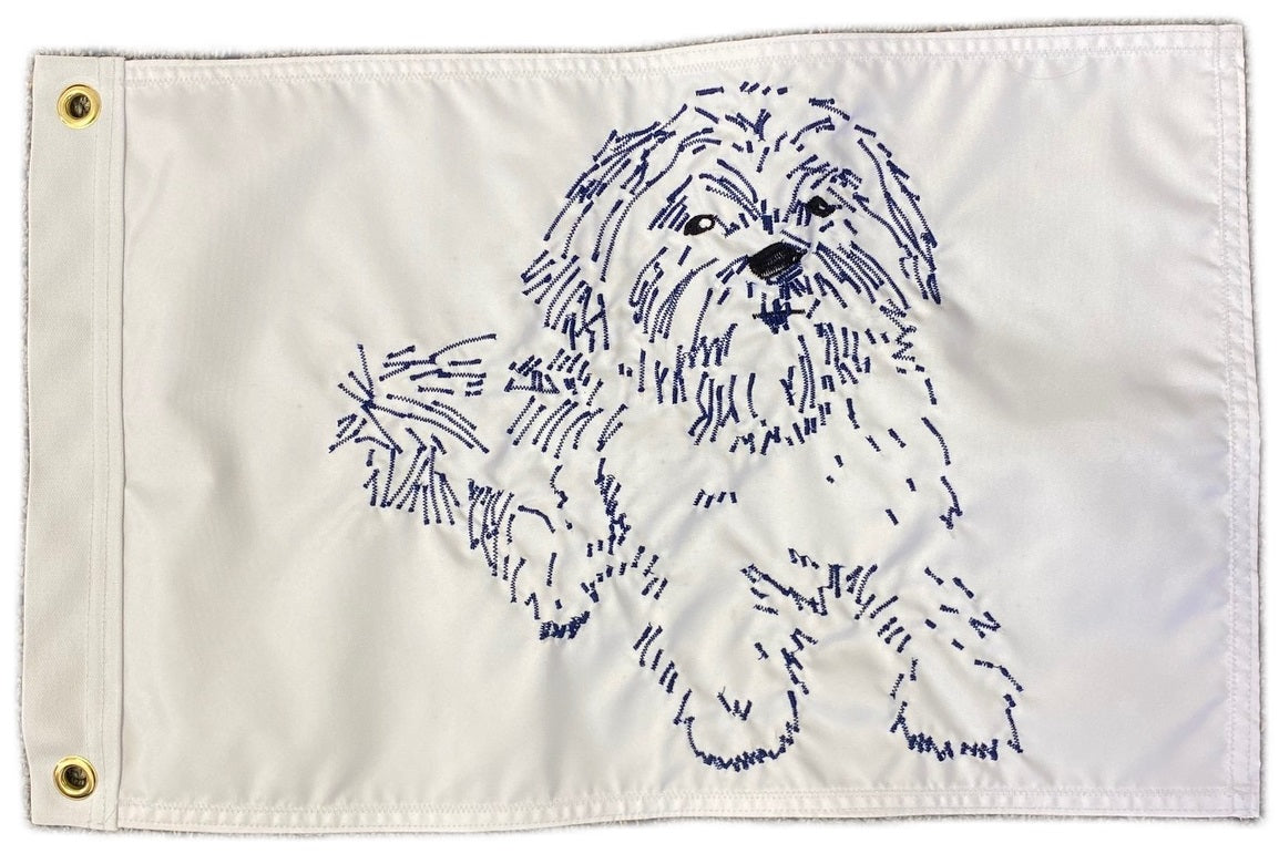 Custom SEWN Applique FLAG featuring a white fabric with a blue embroidered dog drawing.