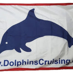 Custom PRINTED NYLON Personalized Flag featuring a blue dolphin on a white background, suitable for indoor or outdoor use, made in the USA.