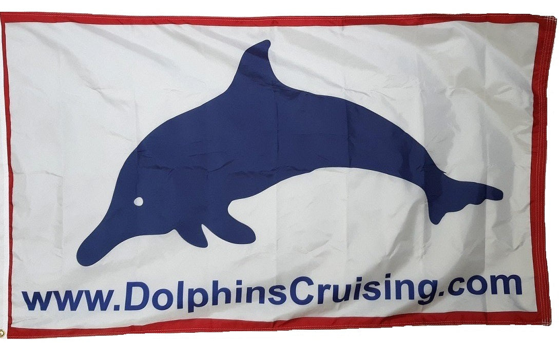 Custom PRINTED NYLON Personalized Flag featuring a blue dolphin on a white background, suitable for indoor or outdoor use, made in the USA.