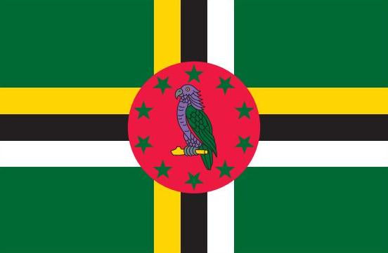 Dominica Courtesy Flag 12 x 18 featuring a bird in the center on a red circle with green and yellow stars, made of Marine-grade solarmax nylon.