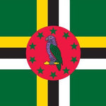 Dominica Courtesy Flag 12 x 18 featuring a colorful bird in the center on a red circle with stars, made from durable nylon with brass grommets.