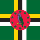 Dominica Courtesy Flag 12 x 18 featuring a colorful bird in the center on a red circle with stars, made from durable nylon with brass grommets.