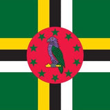 Dominica Flag Printed Nylon 3' x 5' features a bird in the center on a red circle with stars, made for indoor or outdoor use.