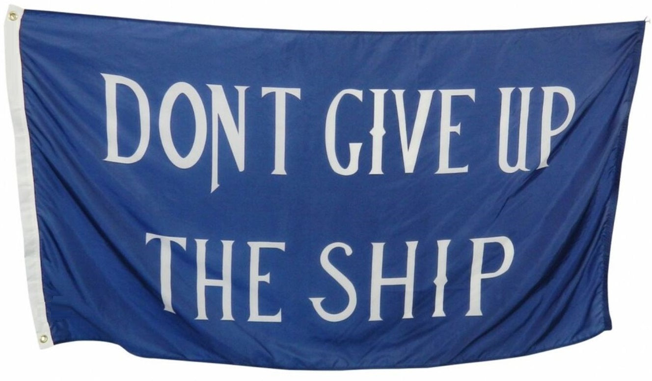 Commodore Perry Don't Give Up the Ship 3' x 5' Printed Nylon Flag with white text on a blue background.