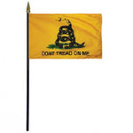 Gadsden Historic Stick Flag 4 x 6 featuring a coiled snake on a yellow background, mounted on a 10.5 plastic stick with a gold spear finial.