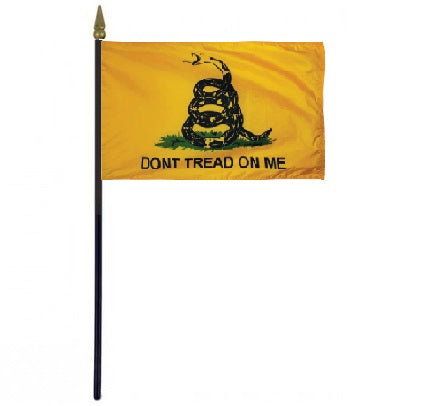 Gadsden Historic Stick Flag 4 x 6 featuring a coiled snake on a yellow background, mounted on a 10.5 plastic stick with a gold spear finial.