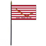 First Navy Jack Historic American Stick Flag 4 x 6, featuring red and white stripes with a snake, mounted on a 10.5 plastic stick with gold spear finial.