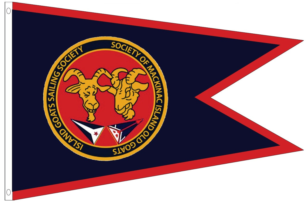 Custom PRINTED Nylon BURGEE featuring a logo with two goats on a flag, available in various sizes, for promoting organizations, businesses, or boats.