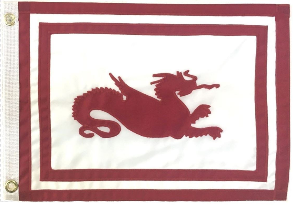 Custom SEWN Applique FLAG featuring a red dragon design on a rectangular flag with a white and red border.