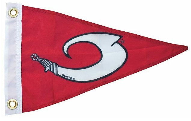 David Wirth 10 x 15 Released Circle Hook Fish Printed Pennant Flag with a white aboriginal-style circle hook design, double-sided with brass grommets.