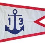 Custom SEWN Applique BURGEE with blue anchor and numbers on a red and white flag, showcasing detailed hand-stitched design and durable brass grommets.