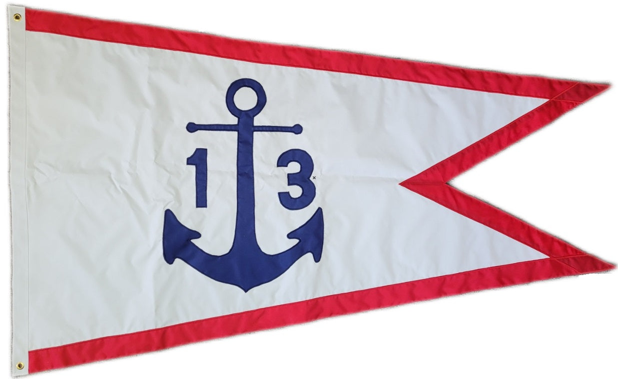 Custom SEWN Applique BURGEE with blue anchor and numbers on a red and white flag, showcasing detailed hand-stitched design and durable brass grommets.