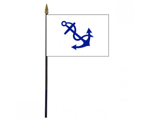 Fleet Captain Yacht Club Officer 4 x 6 Sewn Applique Stick Table Flag, featuring a blue anchor design on a flag with a black plastic staff and gold top.