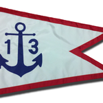 Florida Council of Yacht Clubs Member Burgee, featuring a blue anchor and numbers, custom sewn, single-sided on nylon with canvas header and brass grommets.