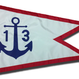 Florida Council of Yacht Clubs Member Burgee, featuring a blue anchor and numbers, custom sewn, single-sided on nylon with canvas header and brass grommets.