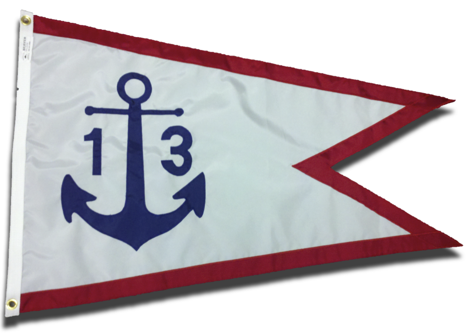 Florida Council of Yacht Clubs Member Burgee, featuring a blue anchor and numbers, custom sewn, single-sided on nylon with canvas header and brass grommets.