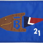 Custom SEWN Applique FLAG with a brown fish and red triangle on blue fabric, showcasing intricate design and durable construction for personalized use.