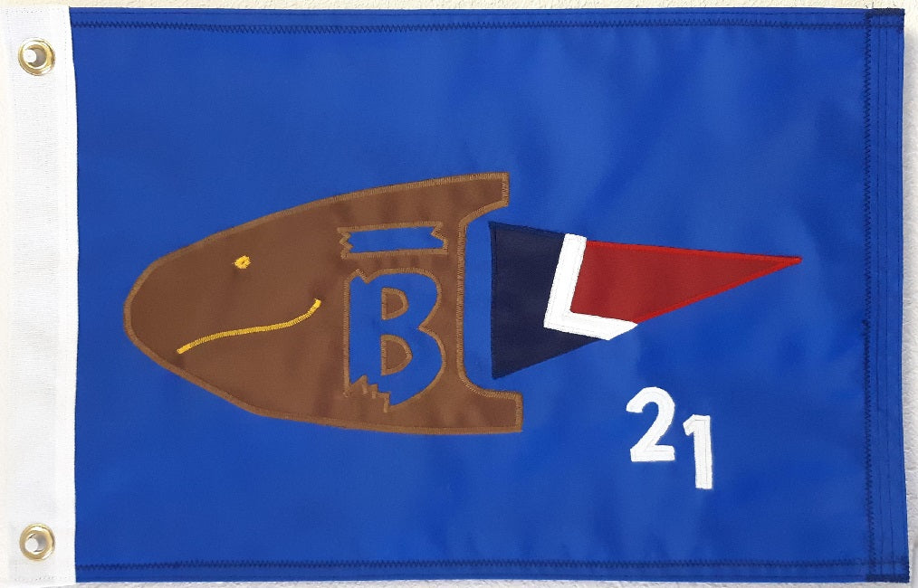 Custom SEWN Applique FLAG with a brown fish and red triangle on blue fabric, showcasing intricate design and durable construction for personalized use.