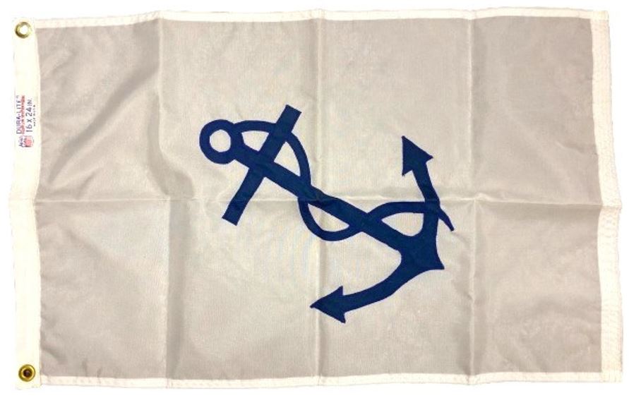 Fleet Captain Yacht Club Officer Flag, 10 x 15, white with a sewn blue anchor, made from durable, UV-resistant nylon with brass grommets.