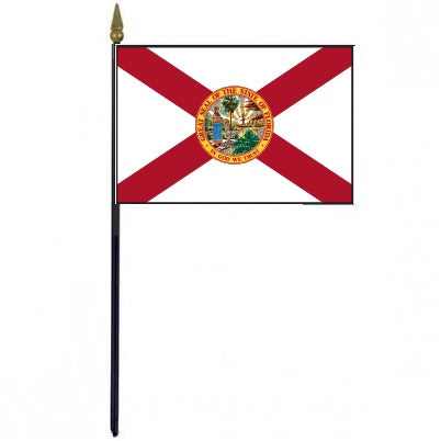 Florida Stick Flag - 4 x 6 Desktop Flag with red cross and emblem, mounted on a 10.5 plastic stick with gold spear finial.