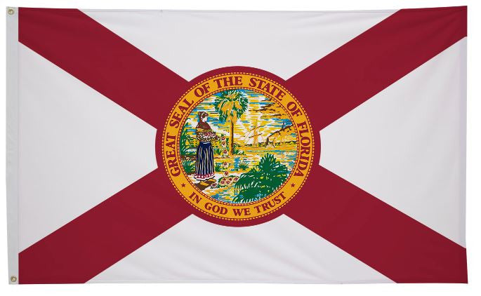 Florida State Flag 2' x 3' Printed Nylon features a red St. Andrew's cross on a white field, with the Florida state seal at the center.