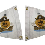 Custom PRINTED NYLON Personalized Flag featuring a pirate ship and pumpkin design on a white pennant, ideal for promoting organizations. Made in the USA.