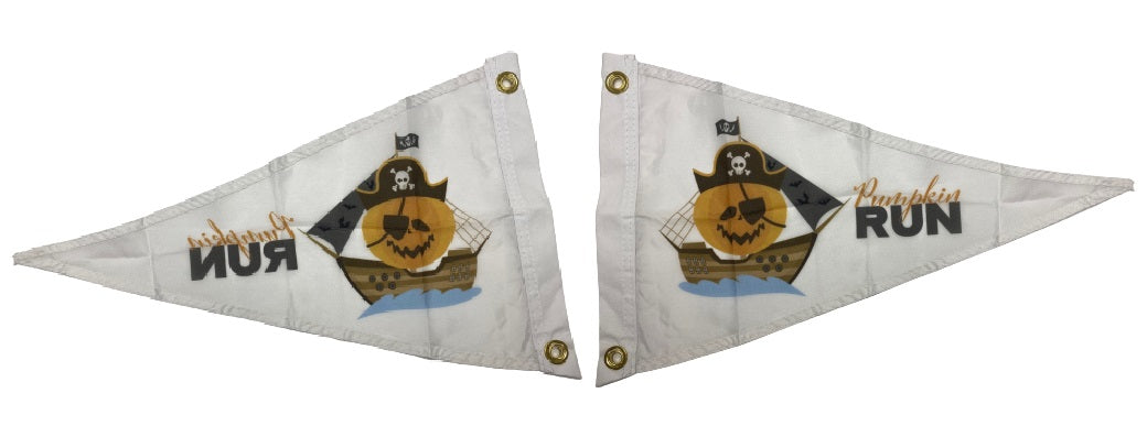 Custom PRINTED NYLON Personalized Flag featuring a pirate ship and pumpkin design on a white pennant, ideal for promoting organizations. Made in the USA.