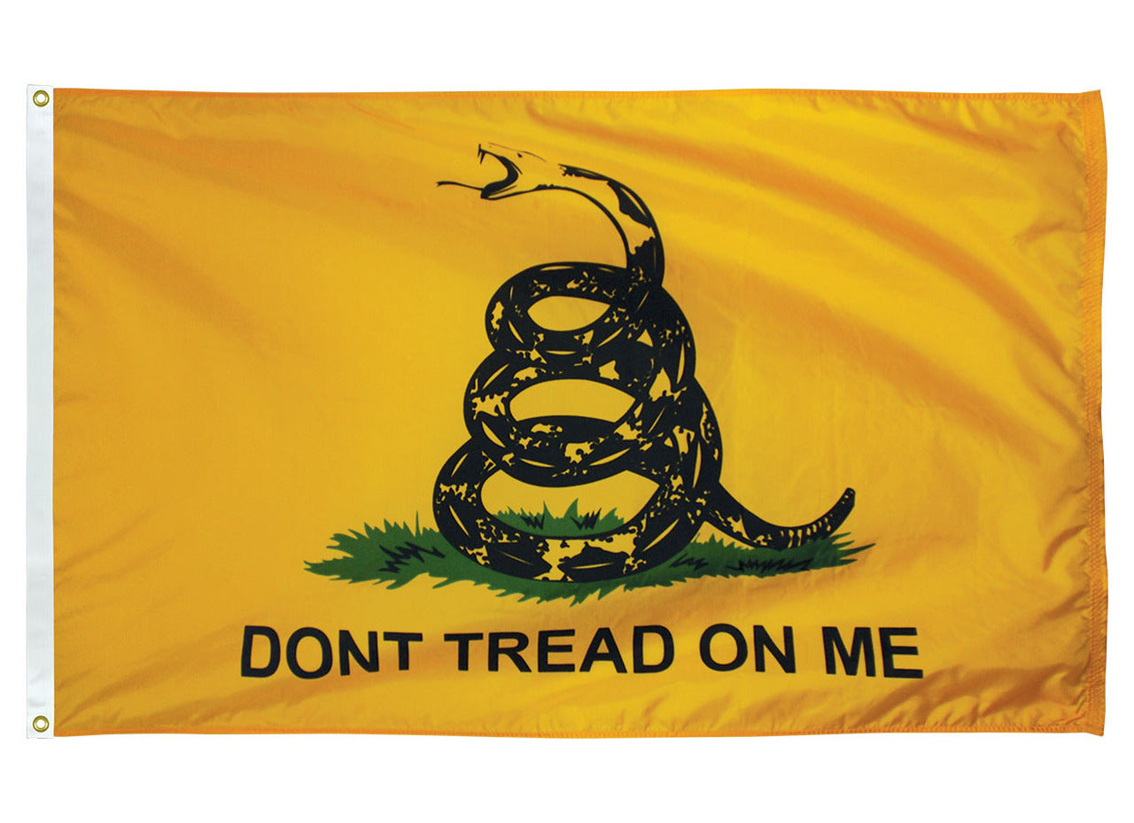 Gadsden Dont Tread on Me Flag Printed Nylon 2' x 3' featuring a coiled rattlesnake and the phrase DONT TREAD ON ME.