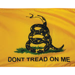 Gadsden Dont Tread on Me Flag Printed Nylon 2' x 3' featuring a coiled rattlesnake and the phrase DONT TREAD ON ME.